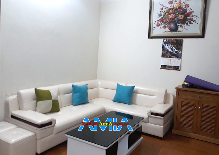 Hình ảnh ghế sofa góc phòng khách cao cấp màu trắng SFD201 tại nhà khách hàng