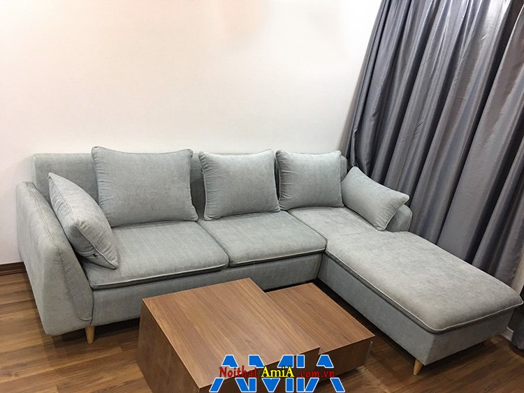 Hình ảnh Bộ bàn ghế sofa phòng khách nhỏ thiết kế hình chữ L kết hợp bàn trà gỗ hiện đại