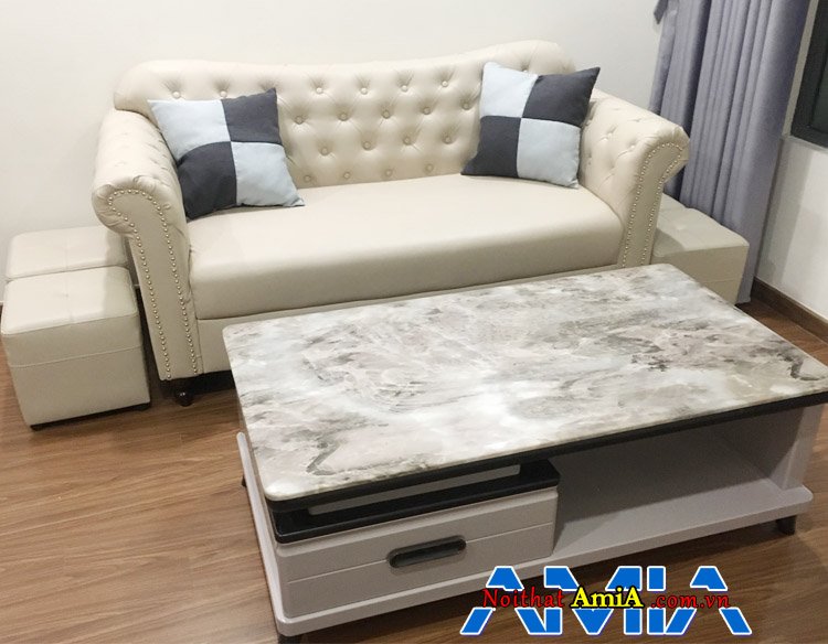Ghế sofa văng da tân cổ điển cho phòng khách 1 ngủ nhà chung cư tại Hà Nội