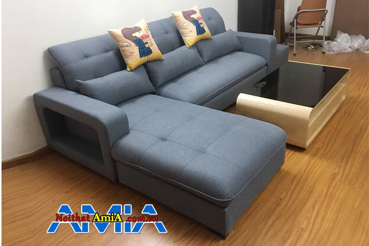 Sofa góc chữ L bọc vỏ nỉ êm ái màu xanh kê phòng khách đẹp hiện đại