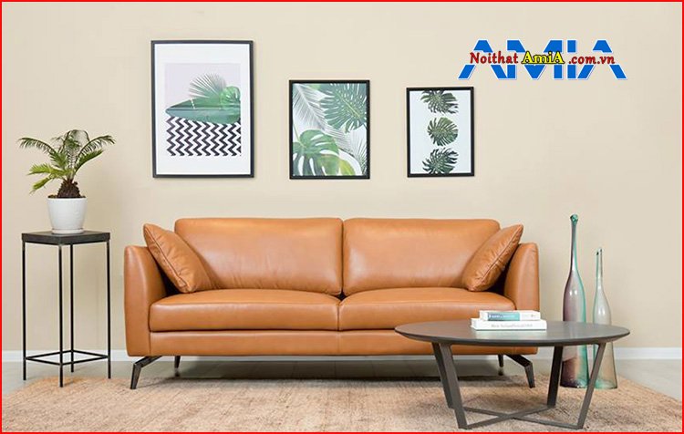 Treo tranh kết hợp ghế sofa chung cư màu da bò đẹp