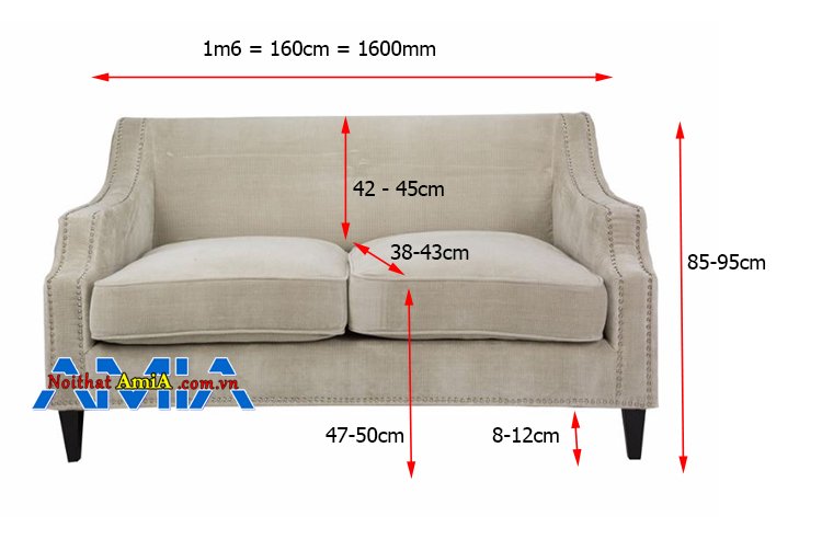 Kích thước sofa 2 chỗ 1m6 theo tiêu chuẩn