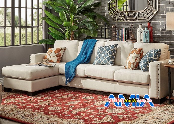 Ghế sofa nỉ cao cấp kiểu dáng chữ L SFN12988 được đính khuy ở tay tựa nổi bật