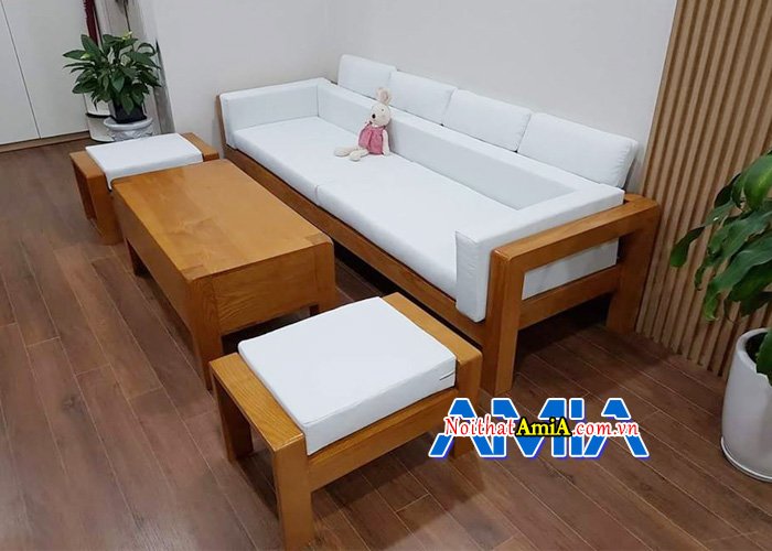 Ghế sofa kiểu dáng văng kết hợp 2 đôn hiện đại SFG14025 với chất liệu gỗ sồi cao cấp