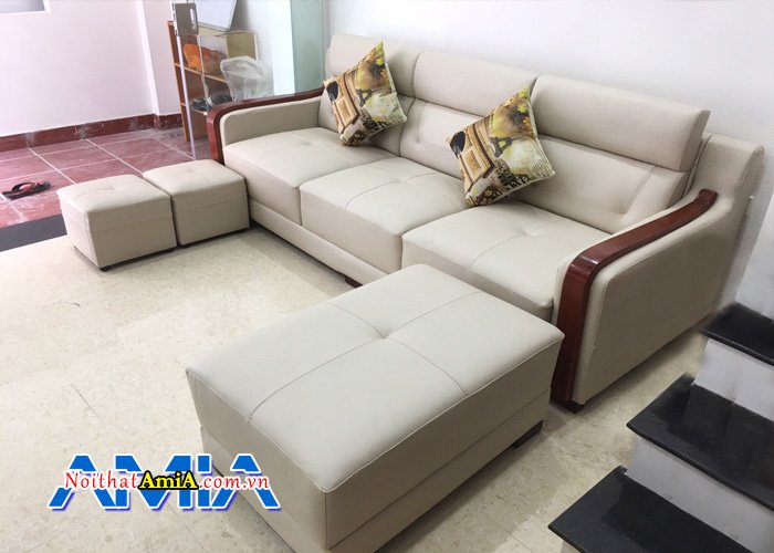 Ghế sofa văng da thiết kế tay ốp gỗ hiện đại SFD159c