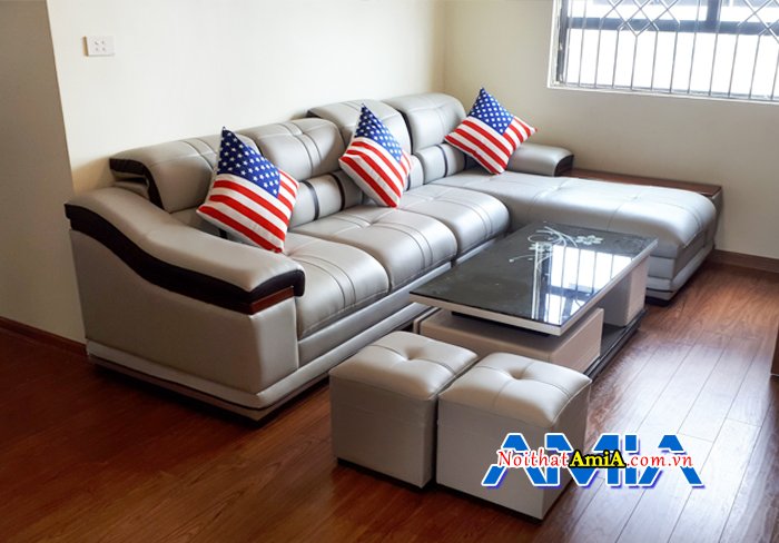 Hình ảnh ghế sofa da phòng khách đẹp với tay ốp gỗ sang trọng SFD179