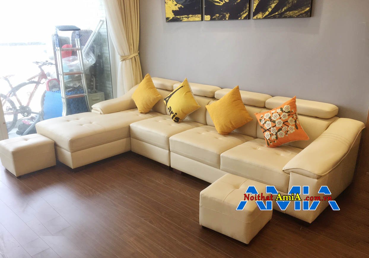 Bộ ghế sofa kiểu dáng chữ L hiện đại phù hợp cho nhà ống. Phòng khách có diện tích từ 25m2 trở lên