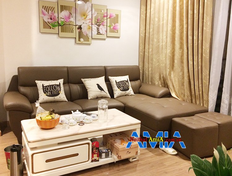 Hình ảnh Ghế sofa chữ L chất liệu da hiện đại cho phòng khách đẹp gia đình