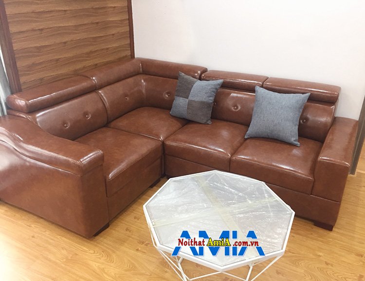 Hình ảnh Sofa góc da đẹp màu da bò hiện đại cho phòng khách sang trọng