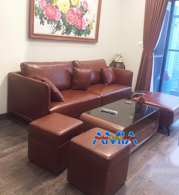 Hình ảnh Sofa văng da màu da bò cho phòng khách đẹp hiện đại