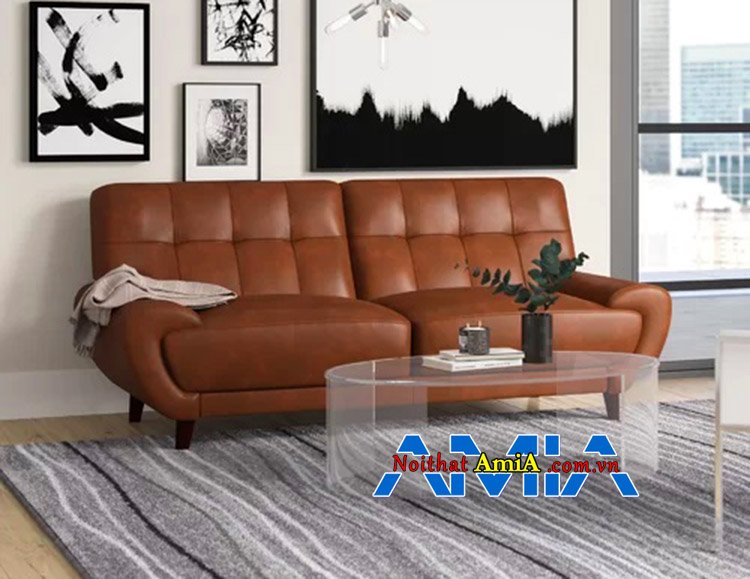 Mẫu ghế sofa văng da đẹp cho nhà chung cư nhỏ gam màu da bò xịn AmiA 227