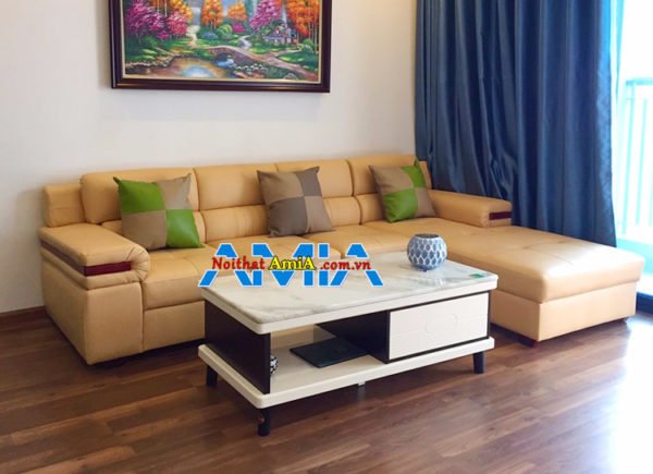 Hình ảnh mẫu ghế sofa góc da tay vịn ốp gỗ 238A