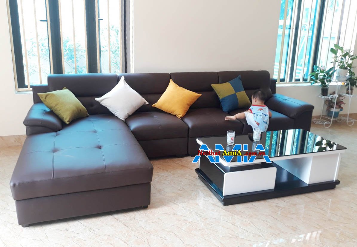 Bộ sofa da góc L đóng bằng gỗ tự nhiên đẹp