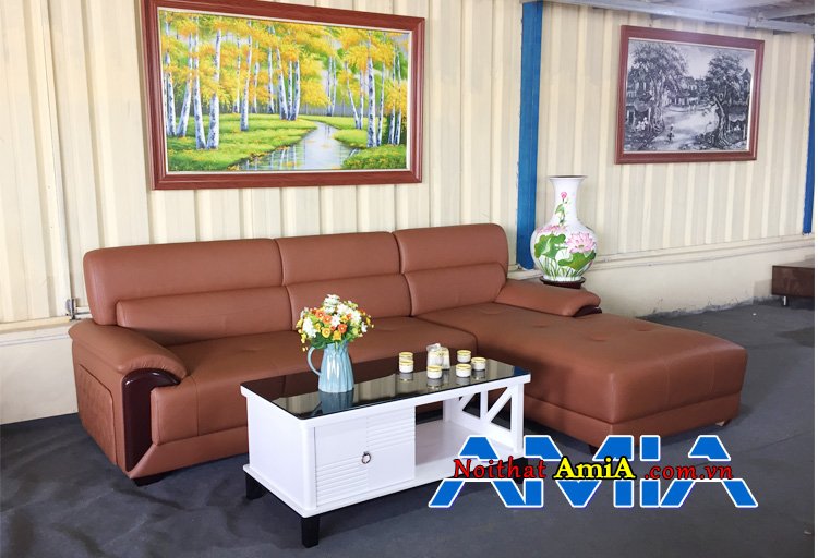 Ảnh ghế sofa phòng khách góc chữ L màu da bò