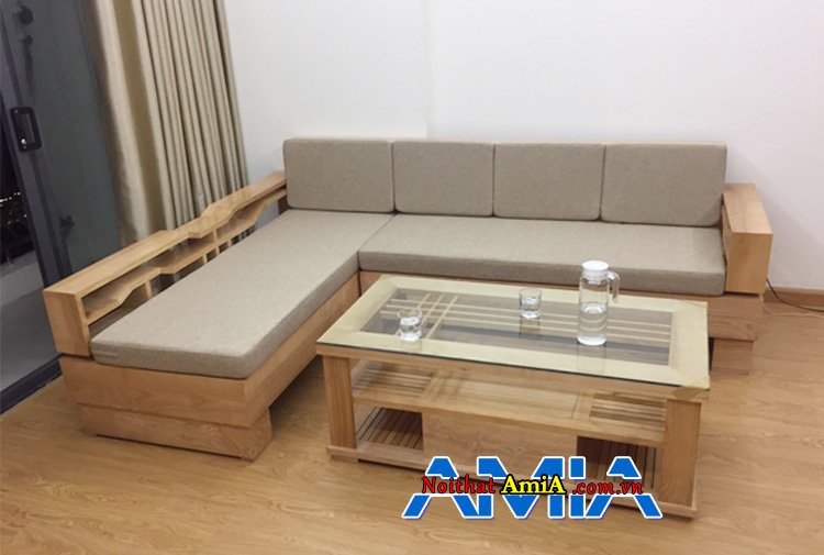 Sofa gỗ Sồi kết hợp nệm chữ L kê phòng khách