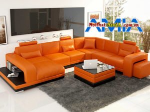 sofa da cho phòng khách biệt thự sang trọng màu cam