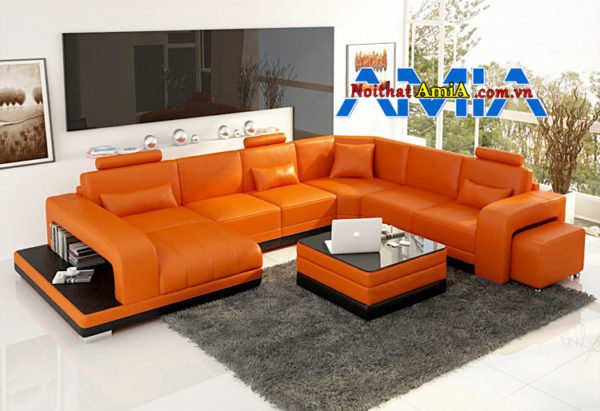 sofa da cho phòng khách biệt thự sang trọng màu cam