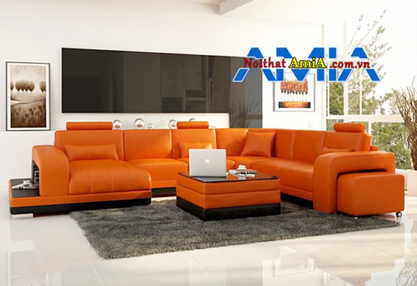 ghế sofa da phòng khách biệt thự màu cam cao cấp