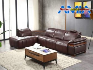 ghế sofa da phòng khách màu nâu sang trọng