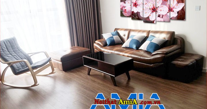 Ảnh bộ ghế sofa giả da 099 nâu da bò đẹp