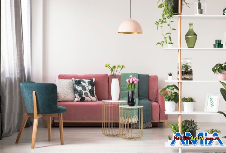 Bộ bàn ghế sofa màu cánh hồng kê phòng khách