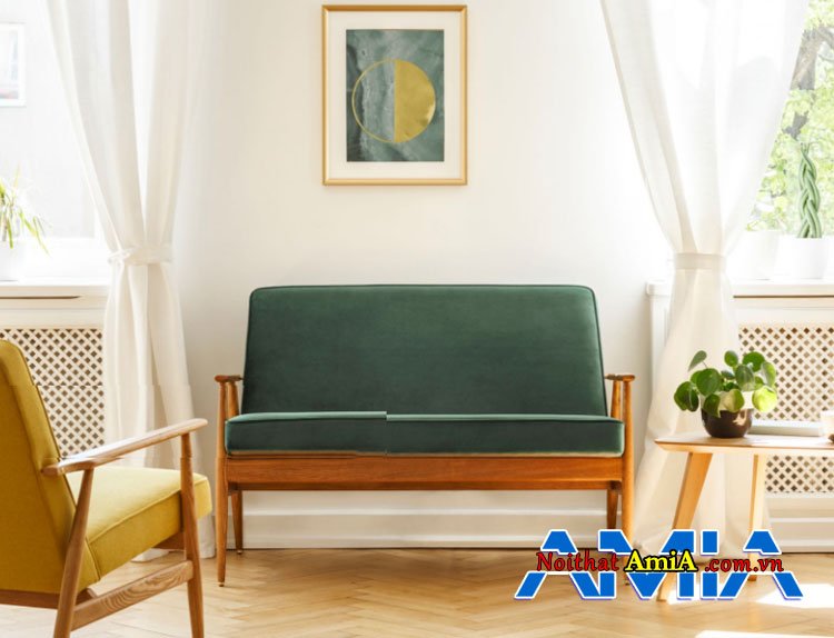 Hình ảnh mẫu ghế sofa gỗ màu xanh nhỏ gọn hiện đại